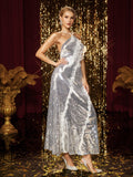 Sequin Halter Neck Asymmetric Ruffle Trim Backless Maxi Gown