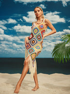 Crochet Granny Square Fringe Asymmetric Hem Bodycon Midi Dress