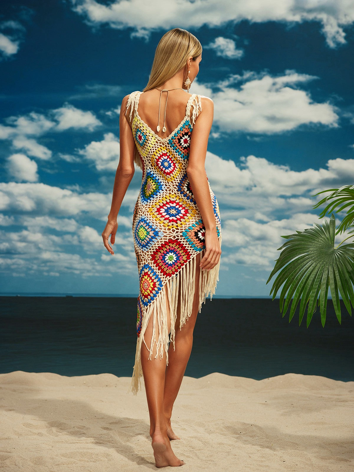 Crochet Granny Square Fringe Asymmetric Hem Bodycon Midi Dress