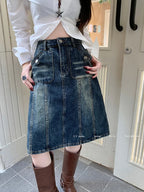 Distressed Paneled Front Pocket Button Detail Denim Midi Skirt