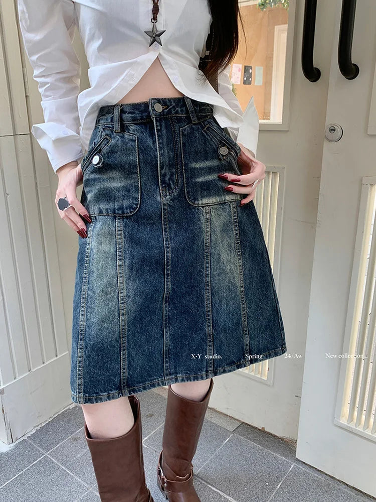 Distressed Paneled Front Pocket Button Detail Denim Midi Skirt