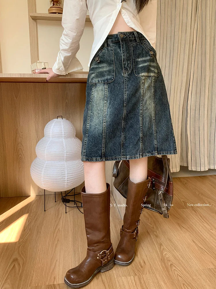 Distressed Paneled Front Pocket Button Detail Denim Midi Skirt