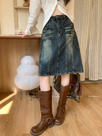 Distressed Paneled Front Pocket Button Detail Denim Midi Skirt