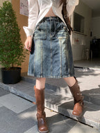 Distressed Paneled Front Pocket Button Detail Denim Midi Skirt
