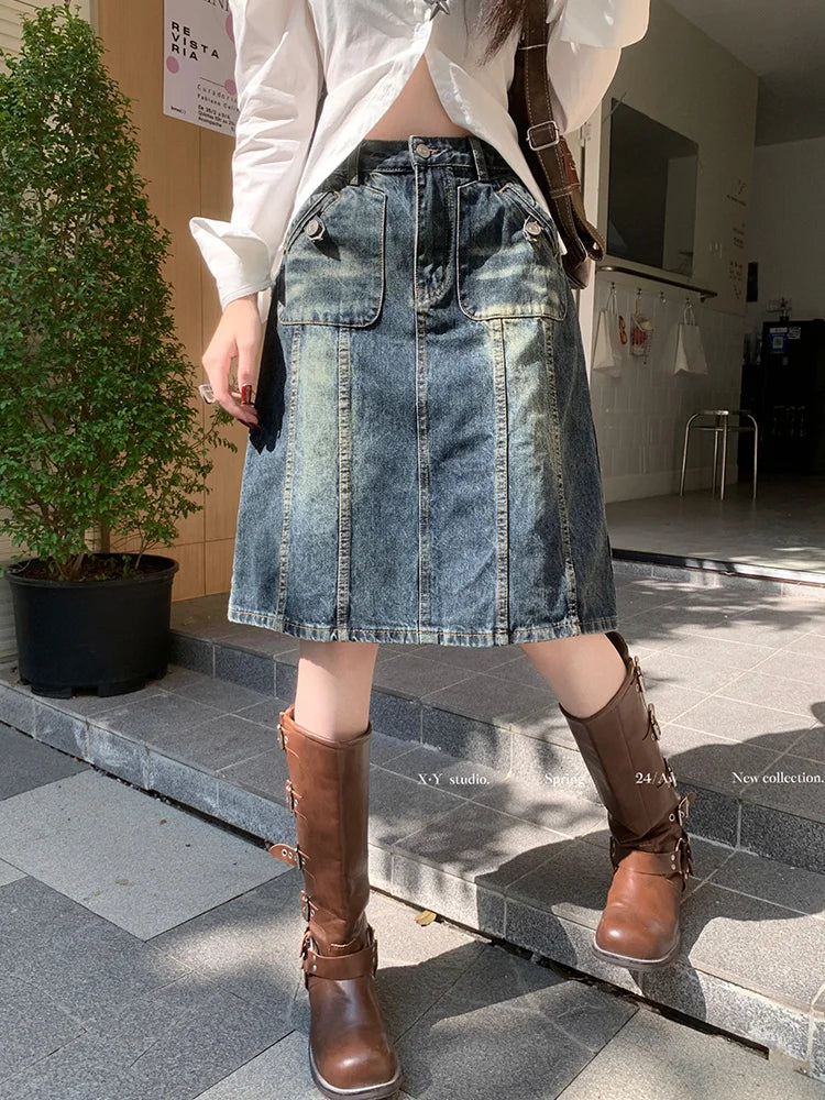 Distressed Paneled Front Pocket Button Detail Denim Midi Skirt
