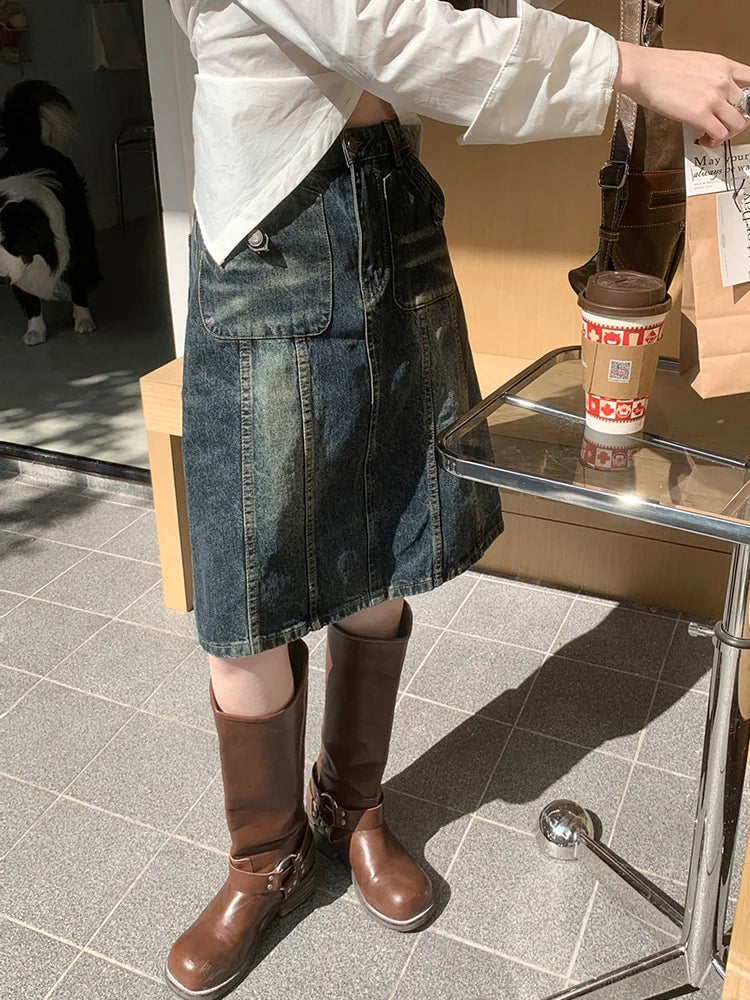 Distressed Paneled Front Pocket Button Detail Denim Midi Skirt