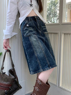 Distressed Paneled Front Pocket Button Detail Denim Midi Skirt