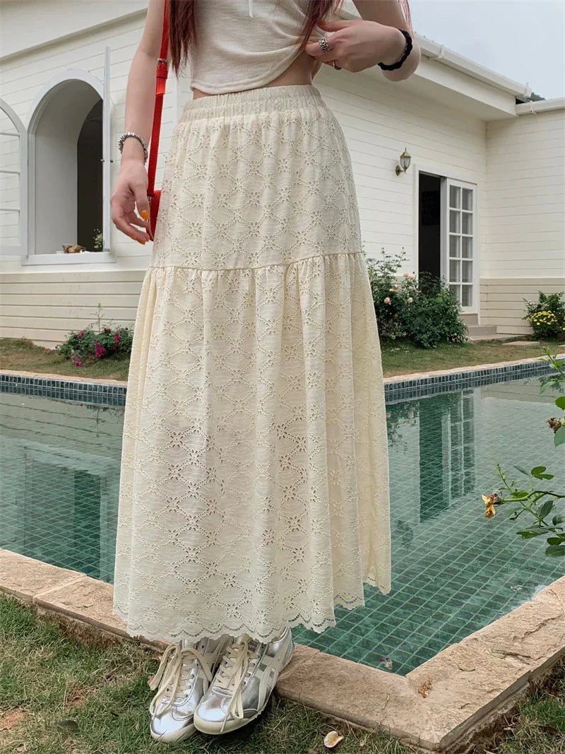 Eyelet Lace Tiered Scalloped Hem Elastic Waist Maxi Skirt
