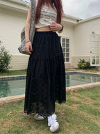 Eyelet Lace Tiered Scalloped Hem Elastic Waist Maxi Skirt