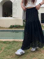 Eyelet Lace Tiered Scalloped Hem Elastic Waist Maxi Skirt