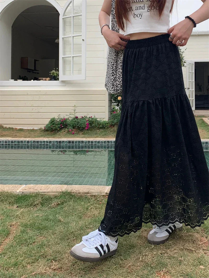 Eyelet Lace Tiered Scalloped Hem Elastic Waist Maxi Skirt