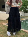Eyelet Lace Tiered Scalloped Hem Elastic Waist Maxi Skirt