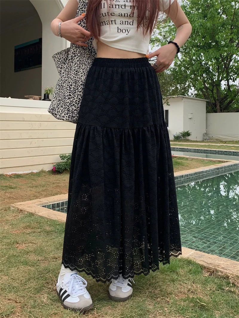 Eyelet Lace Tiered Scalloped Hem Elastic Waist Maxi Skirt