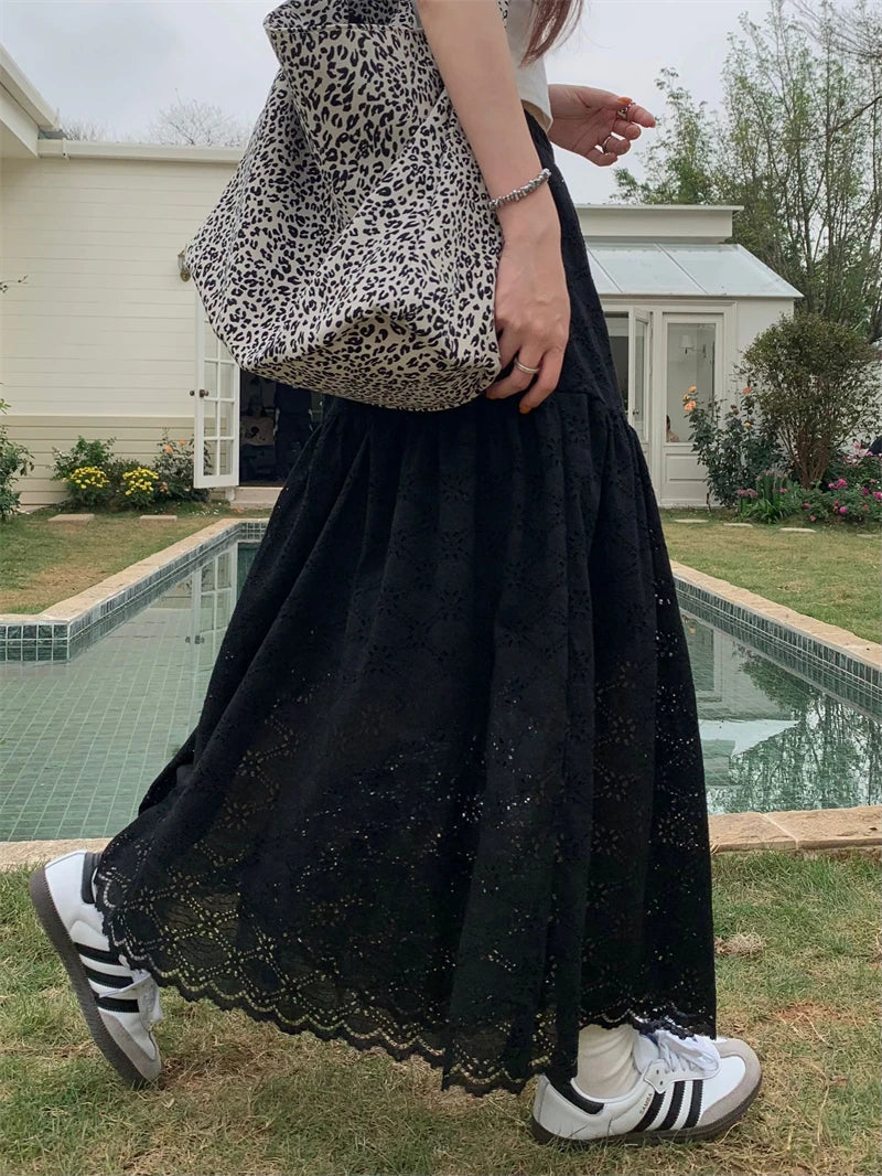 Eyelet Lace Tiered Scalloped Hem Elastic Waist Maxi Skirt