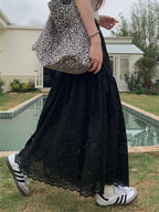 Eyelet Lace Tiered Scalloped Hem Elastic Waist Maxi Skirt
