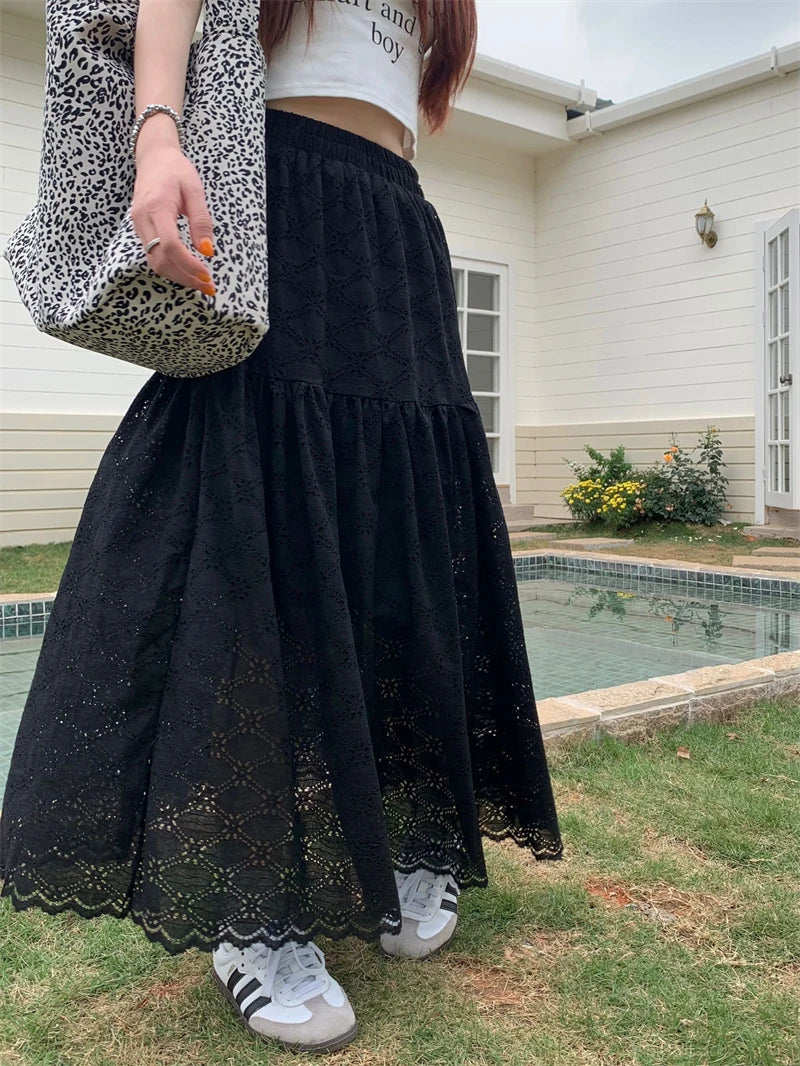 Eyelet Lace Tiered Scalloped Hem Elastic Waist Maxi Skirt