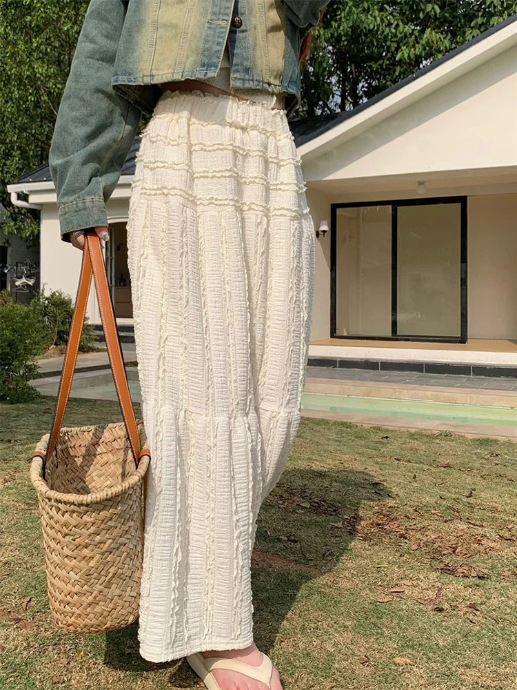 Crinkle Texture Vertical Ruffle Tiered Maxi Skirt