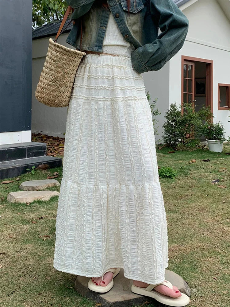 Crinkle Texture Vertical Ruffle Tiered Maxi Skirt