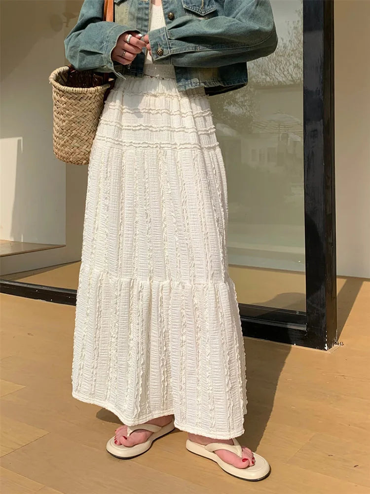 Crinkle Texture Vertical Ruffle Tiered Maxi Skirt