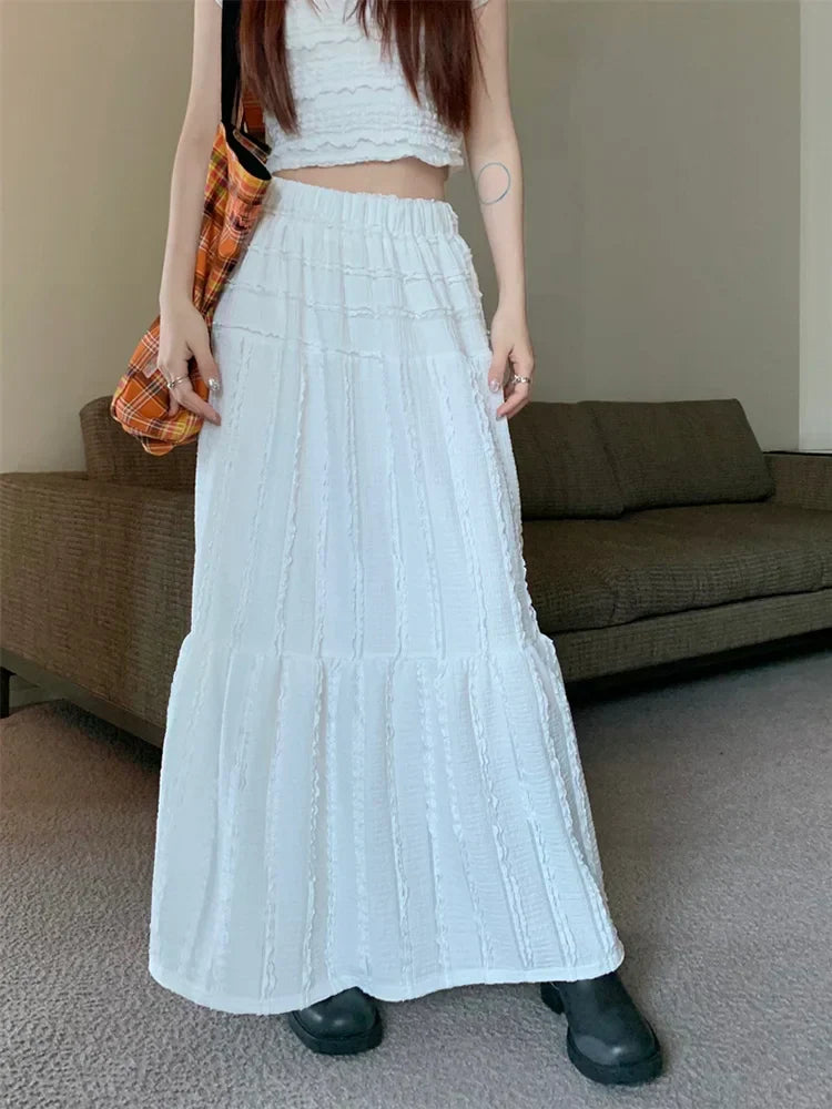 Crinkle Texture Vertical Ruffle Tiered Maxi Skirt