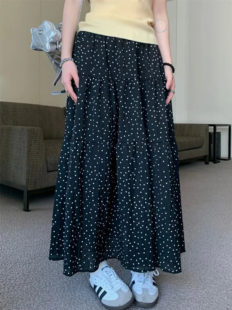 Polka Dot Print Three Tier Maxi Skirt