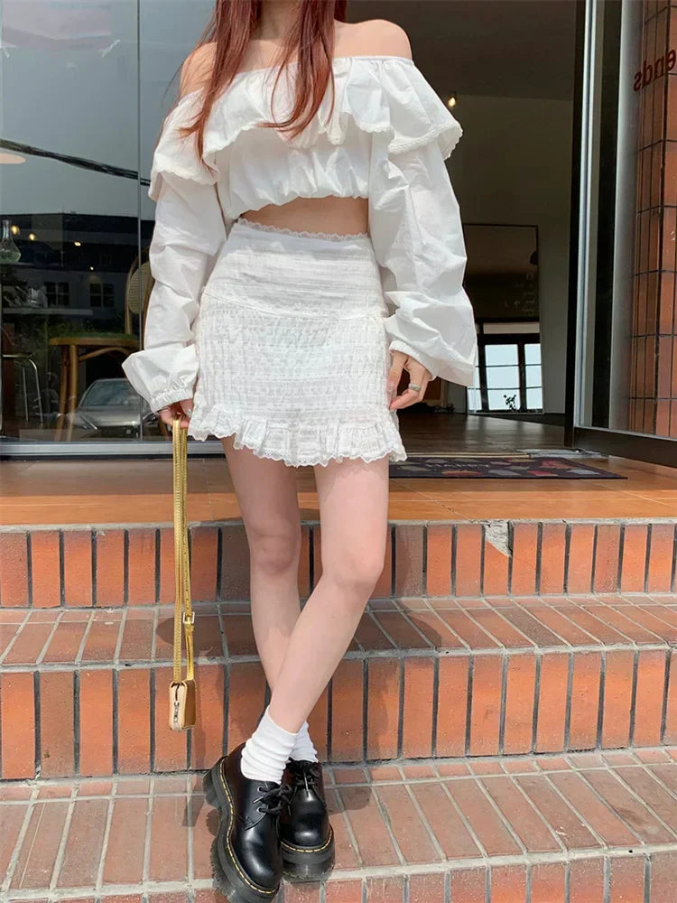 Lace Trim Tiered Ruffle Elastic Waist Mini Skirt