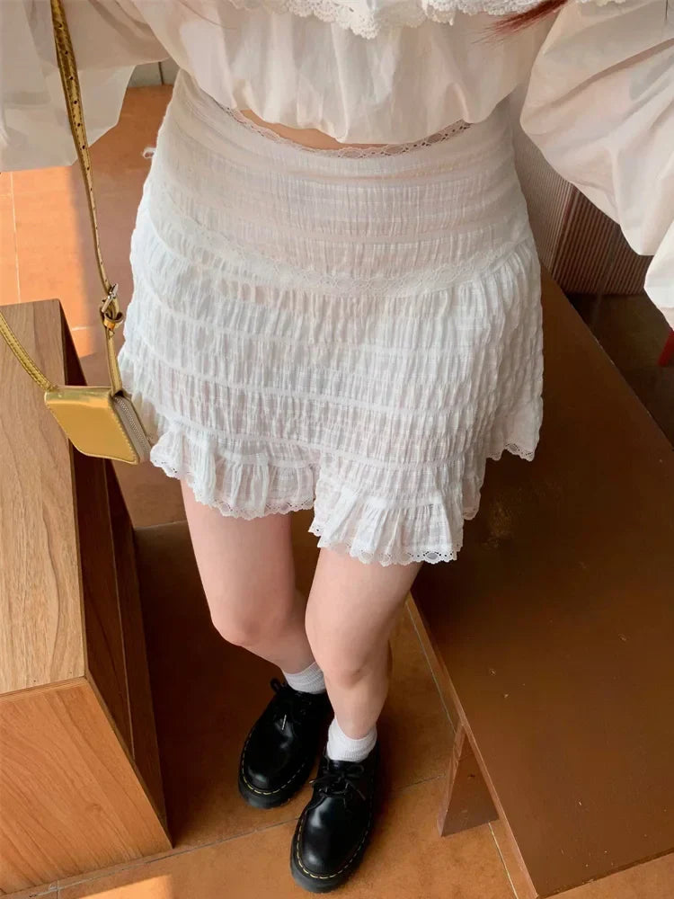 Lace Trim Tiered Ruffle Elastic Waist Mini Skirt