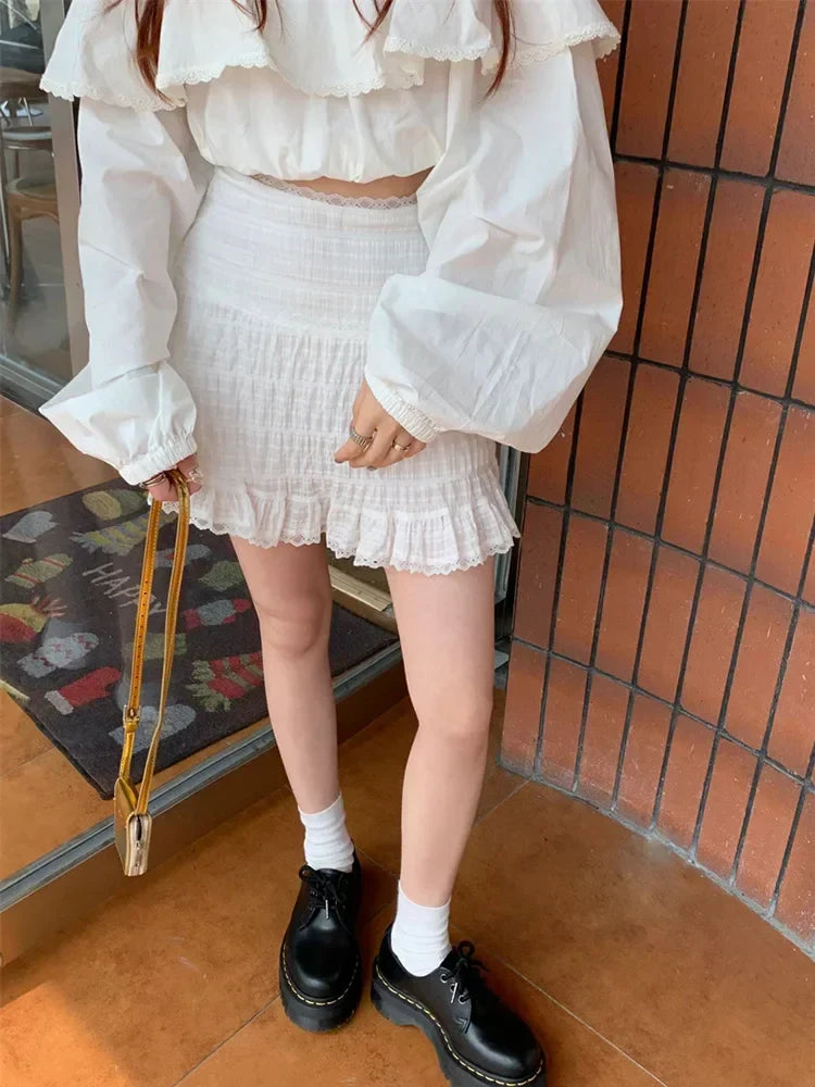 Lace Trim Tiered Ruffle Elastic Waist Mini Skirt