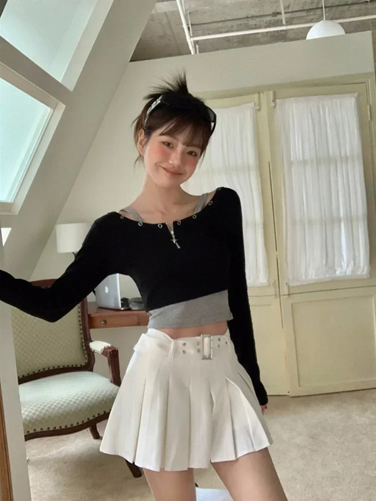 Eyelet Belt Pleated Mini Skirt