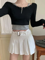 Eyelet Belt Pleated Mini Skirt