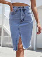 High Waist Front Slit Frayed Hem Denim Bodycon Midi Skirt