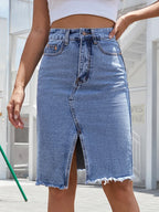 High Waist Front Slit Frayed Hem Denim Bodycon Midi Skirt