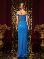 Off Shoulder Corset Bustier Sequin Draped High Split Maxi Gown