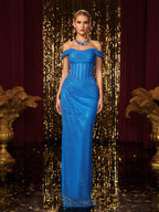 Off Shoulder Corset Bustier Sequin Draped High Split Maxi Gown