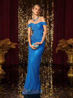 Off Shoulder Corset Bustier Sequin Draped High Split Maxi Gown