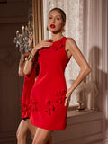 Crew Neck 3D Floral Applique Shift Mini Dress