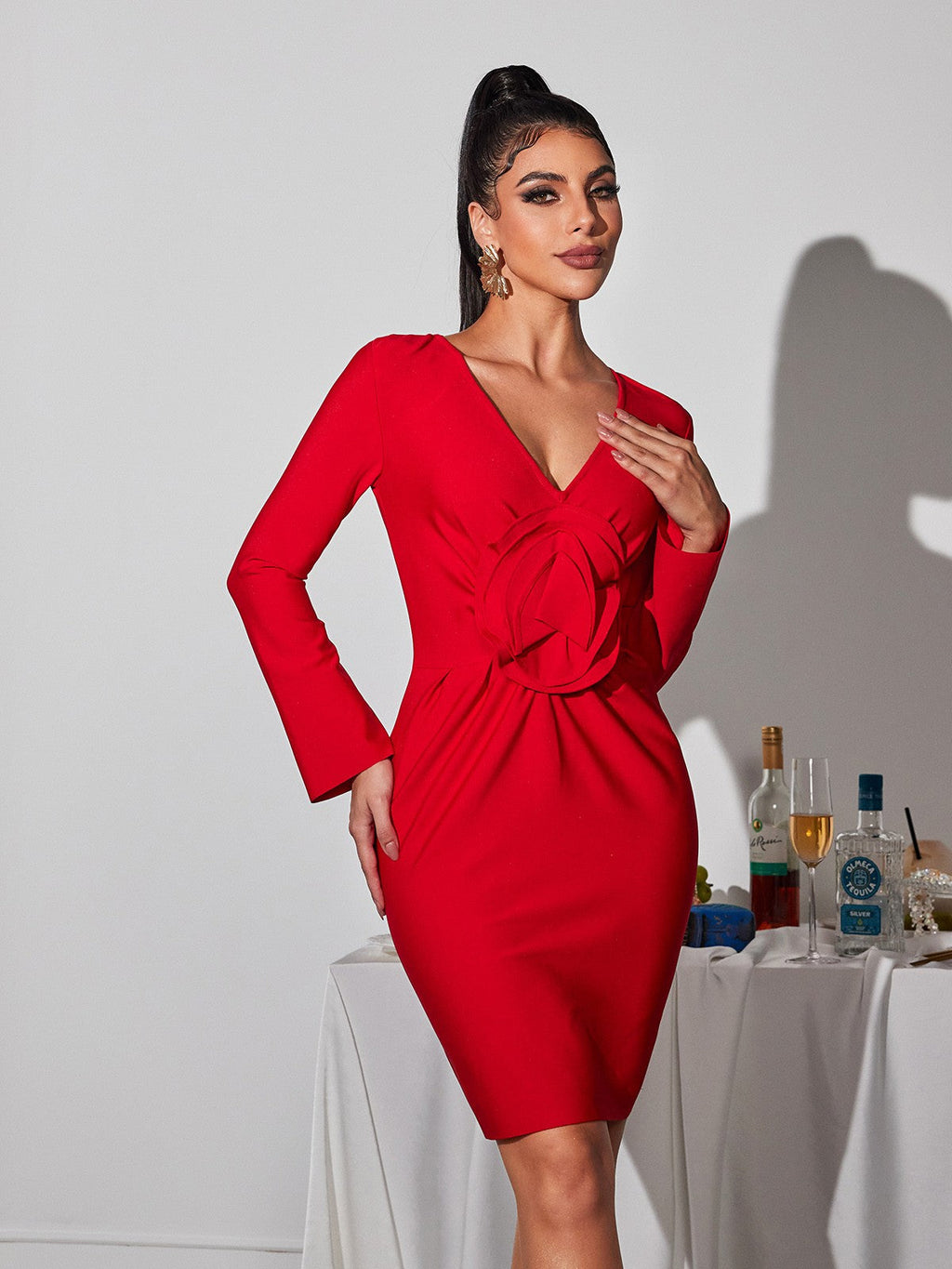 Deep V-Neck Long Sleeve 3D Applique Bodycon Mini Dress