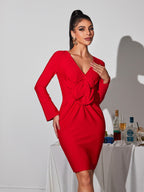 Deep V-Neck Long Sleeve 3D Applique Bodycon Mini Dress
