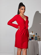 Deep V-Neck Long Sleeve 3D Applique Bodycon Mini Dress