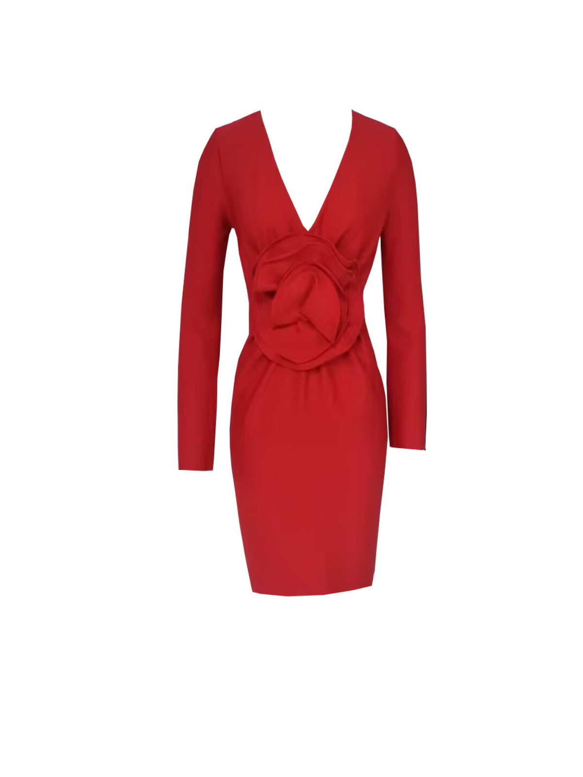 Deep V-Neck Long Sleeve 3D Applique Bodycon Mini Dress