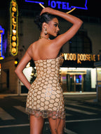 Strapless Beaded Scallop Mesh Insert Fringe Hem Mini Dress