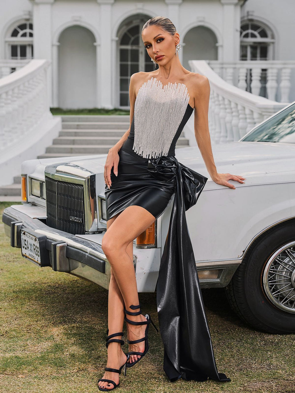 Strapless Crystal Fringe Heart Bodice Draped Bow Train Faux Leather Mini Dress