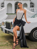 Strapless Crystal Fringe Heart Bodice Draped Bow Train Faux Leather Mini Dress