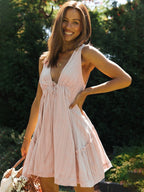 Cotton Sleeveless Babydoll Dress for Women - Boho V Neck Backless A-line Mini Sun Dress - Summer Beach Vacation 2026