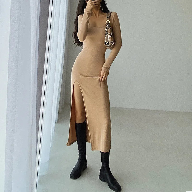 Ribbed Knit Square Neck Long Sleeve Side Slit Maxi Dress