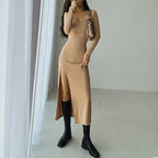 Ribbed Knit Square Neck Long Sleeve Side Slit Maxi Dress