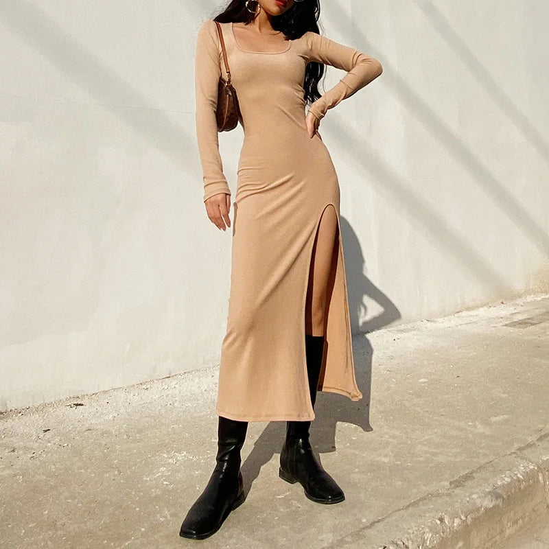 Ribbed Knit Square Neck Long Sleeve Side Slit Maxi Dress
