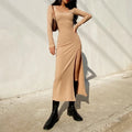 Ribbed Knit Square Neck Long Sleeve Side Slit Maxi Dress