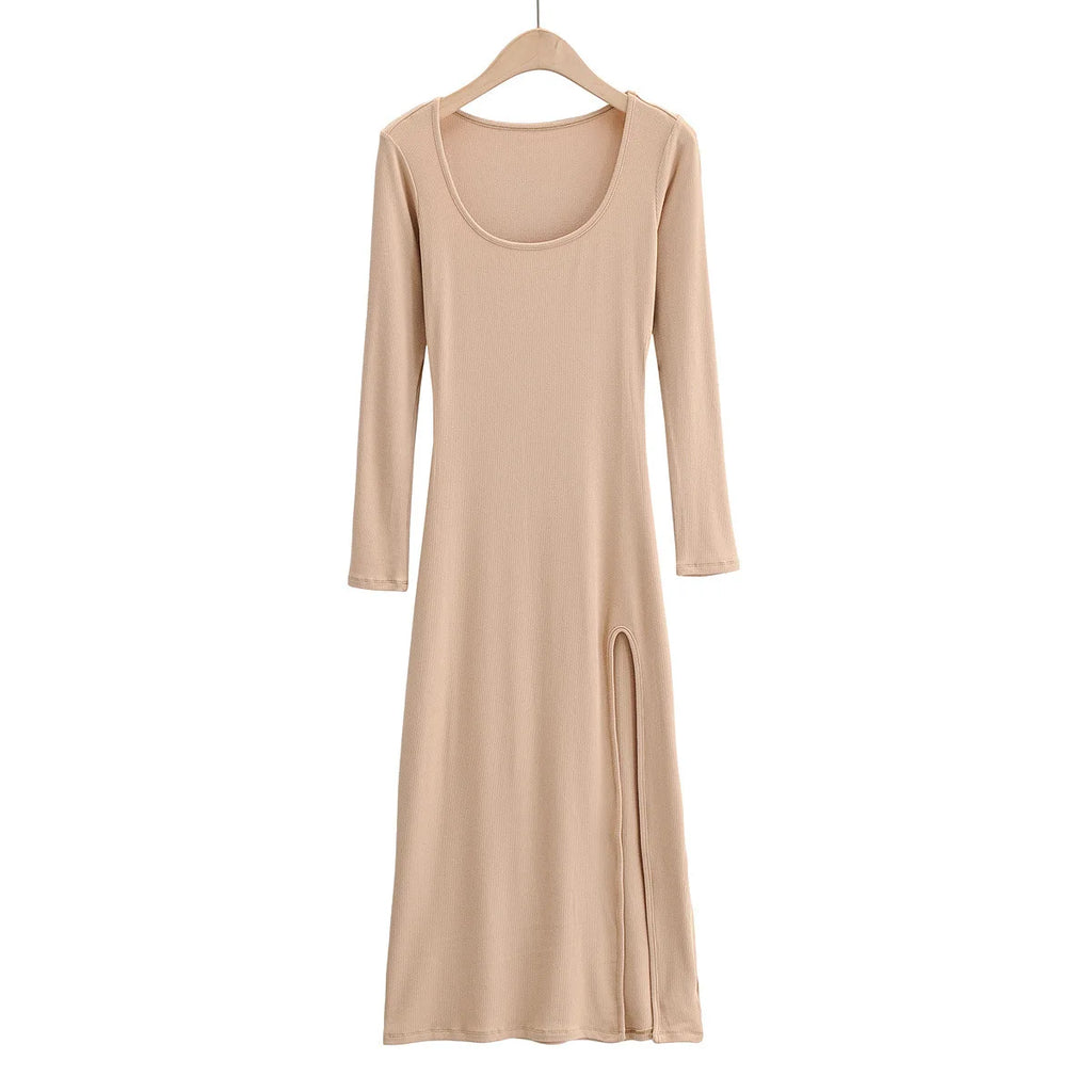 Ribbed Knit Square Neck Long Sleeve Side Slit Maxi Dress