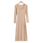 Ribbed Knit Square Neck Long Sleeve Side Slit Maxi Dress